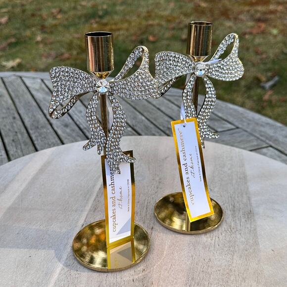 NEW Cupcakes and Cashmere Rhinestone Gold Bow Taper Candle Holders Set of 2 - Picture 10 of 10